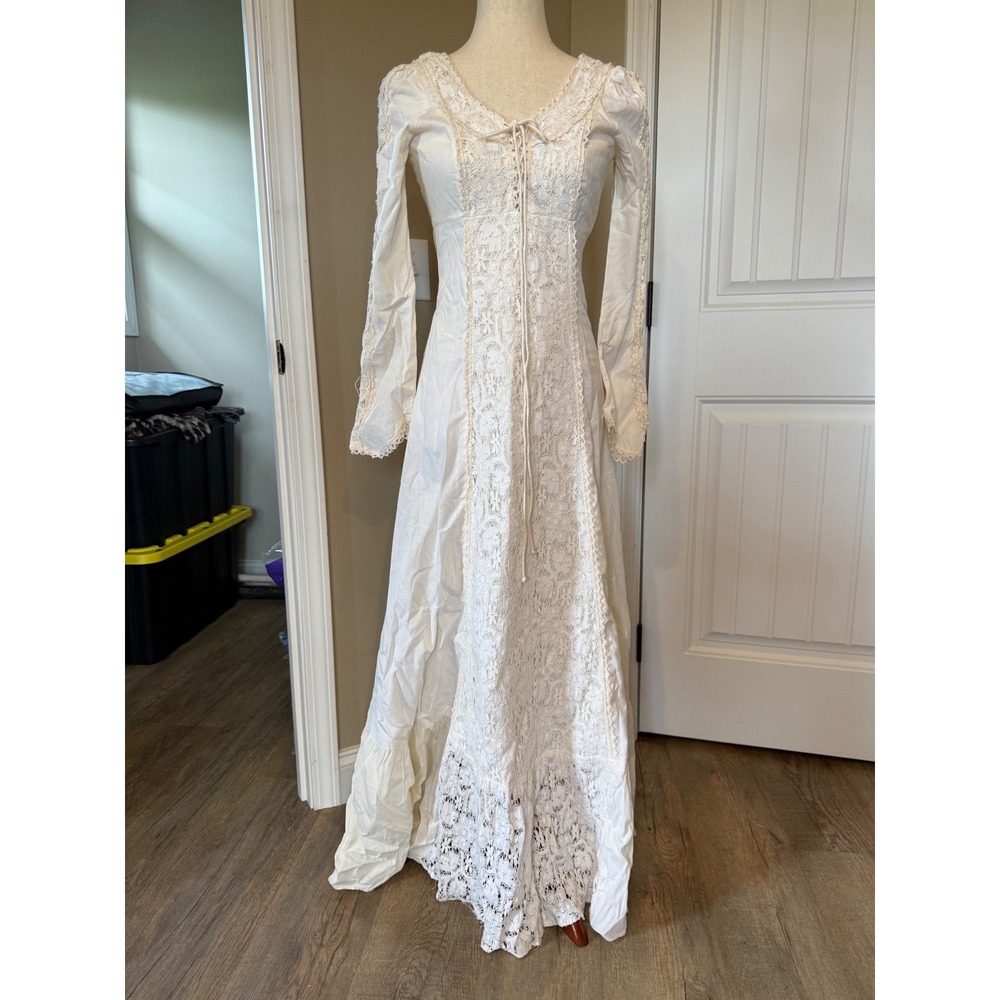 Vintage 70s Prairie Maxi Dress Lace Cottagecore Boho Off White Gunne Sax Style